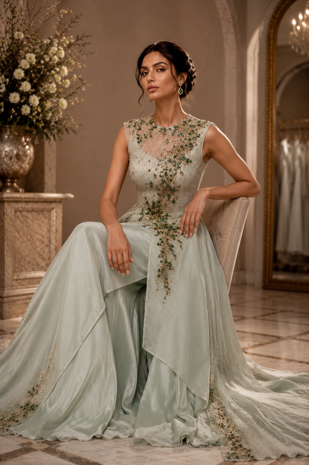Seated view of sage silk botanical embroidered couture ensemble from Verdant Reverie by Alia Qureshi Atelier