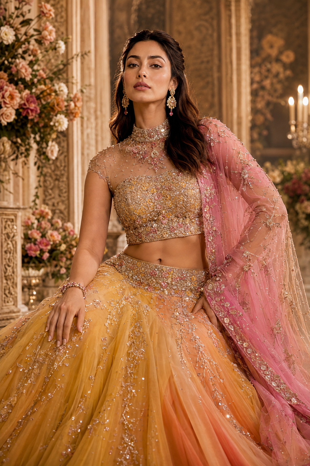 Seated view of saffron and rose ombré bridal lehenga from Saffron Soleil by Alia Qureshi Atelier