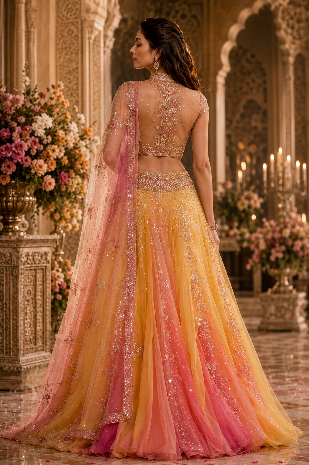 Back view of ombré bridal lehenga with translucent silk dupatta from Saffron Soleil by Alia Qureshi Atelier