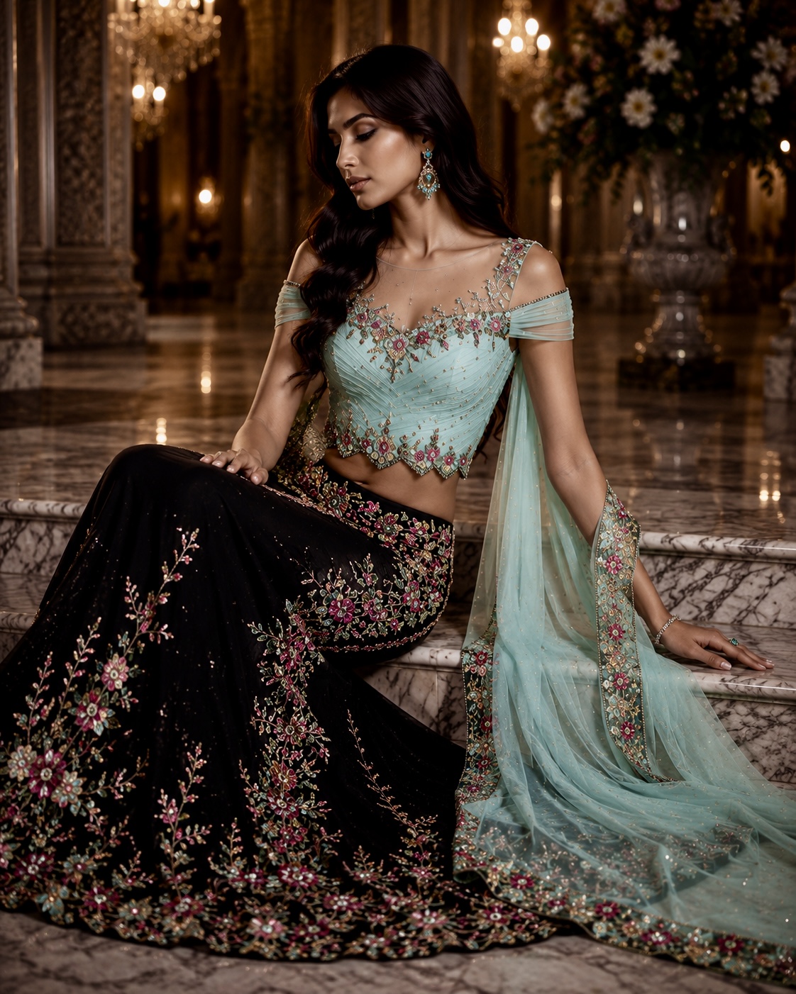 Seated view of black and aqua floral embroidered couture ensemble from Celestial Bloom by Alia Qureshi Atelier
