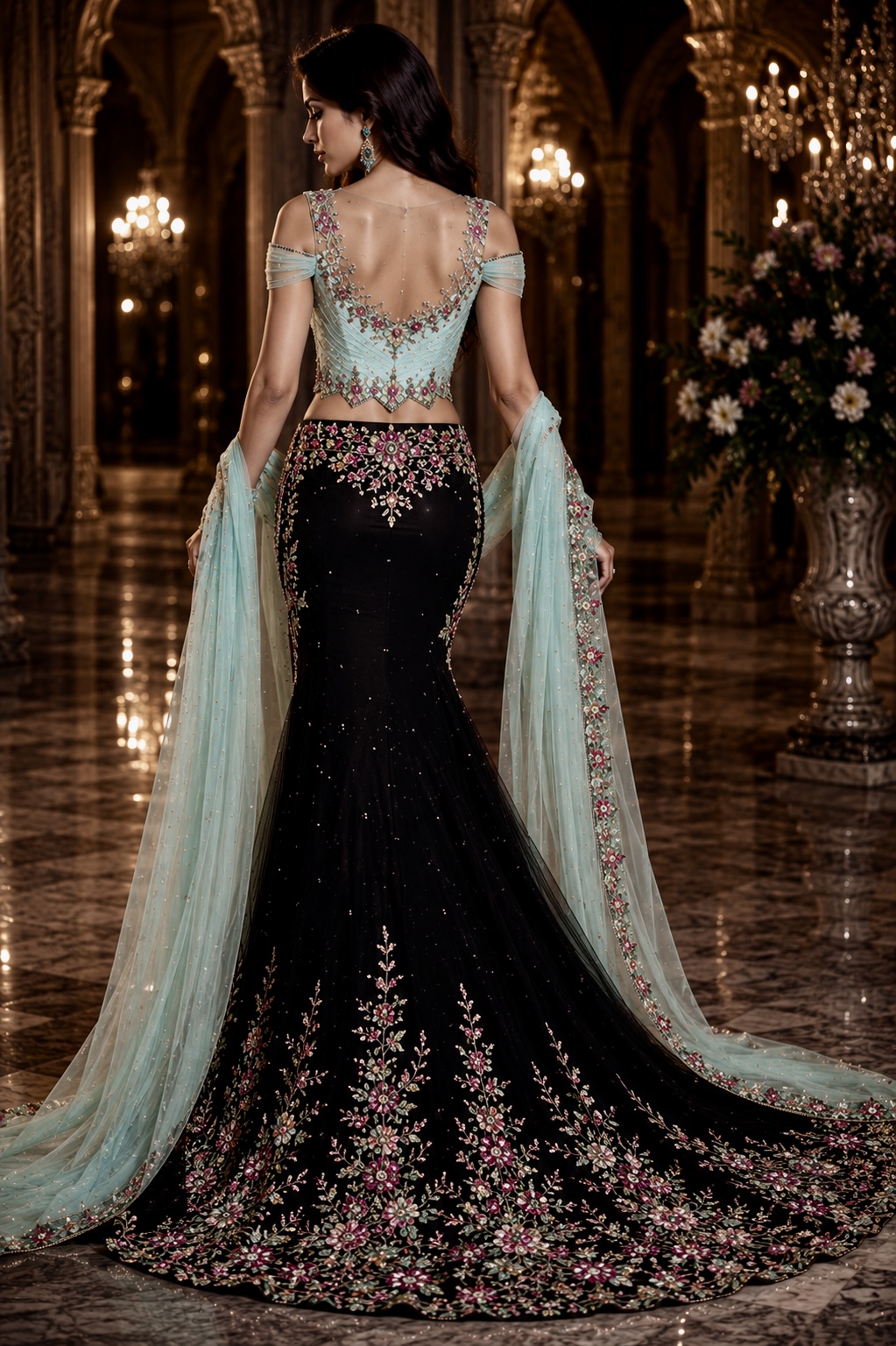 Back view of black floral embroidered couture ensemble with flowing dupatta from Celestial Bloom by Alia Qureshi Atelier