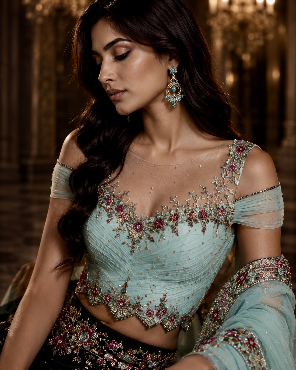Close-up of aqua floral embroidery, crystals and sequins on black couture from Celestial Bloom by Alia Qureshi Atelier