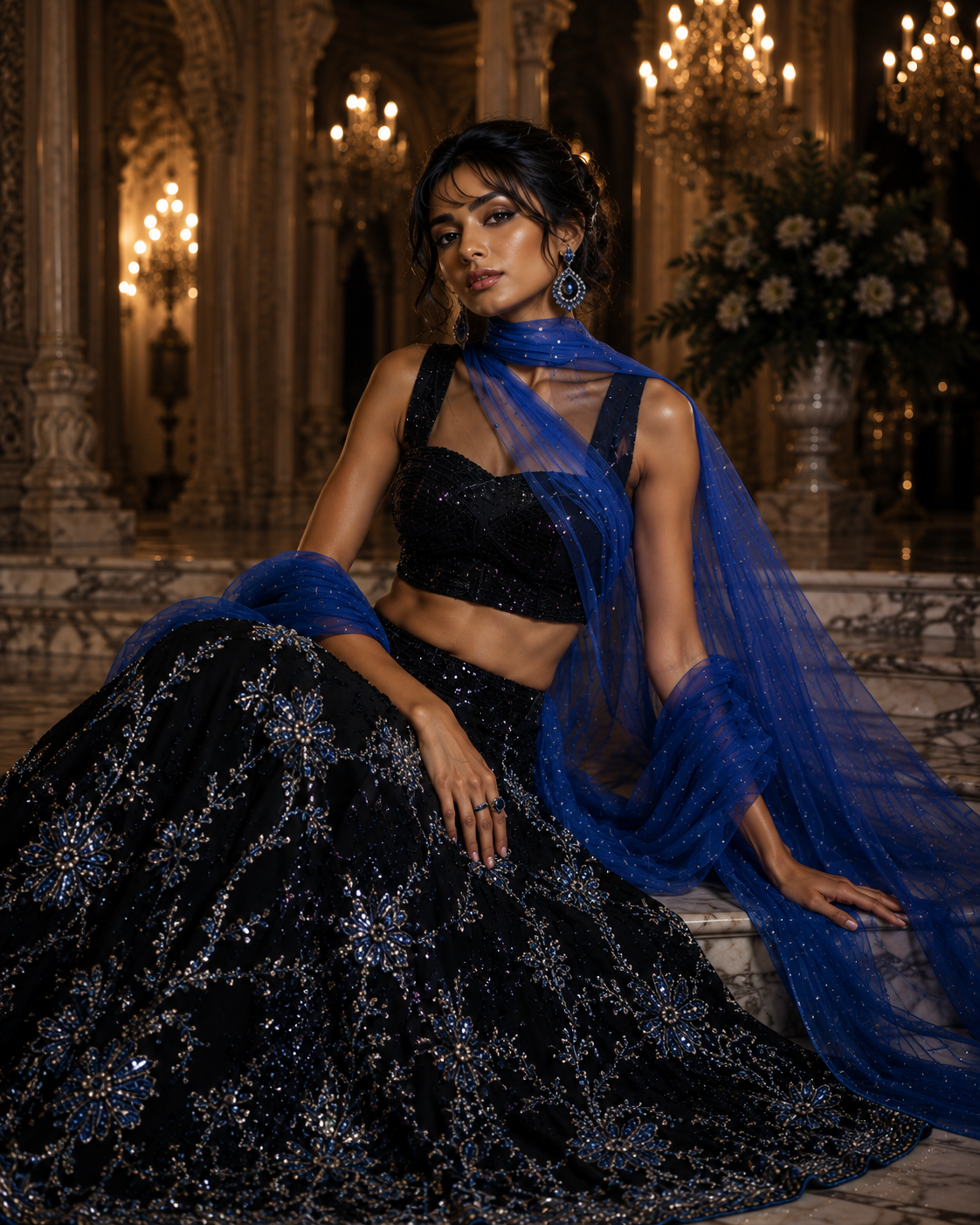Seated view of black and sapphire embroidered couture ensemble from Sapphire Nocturne by Alia Qureshi Atelier
