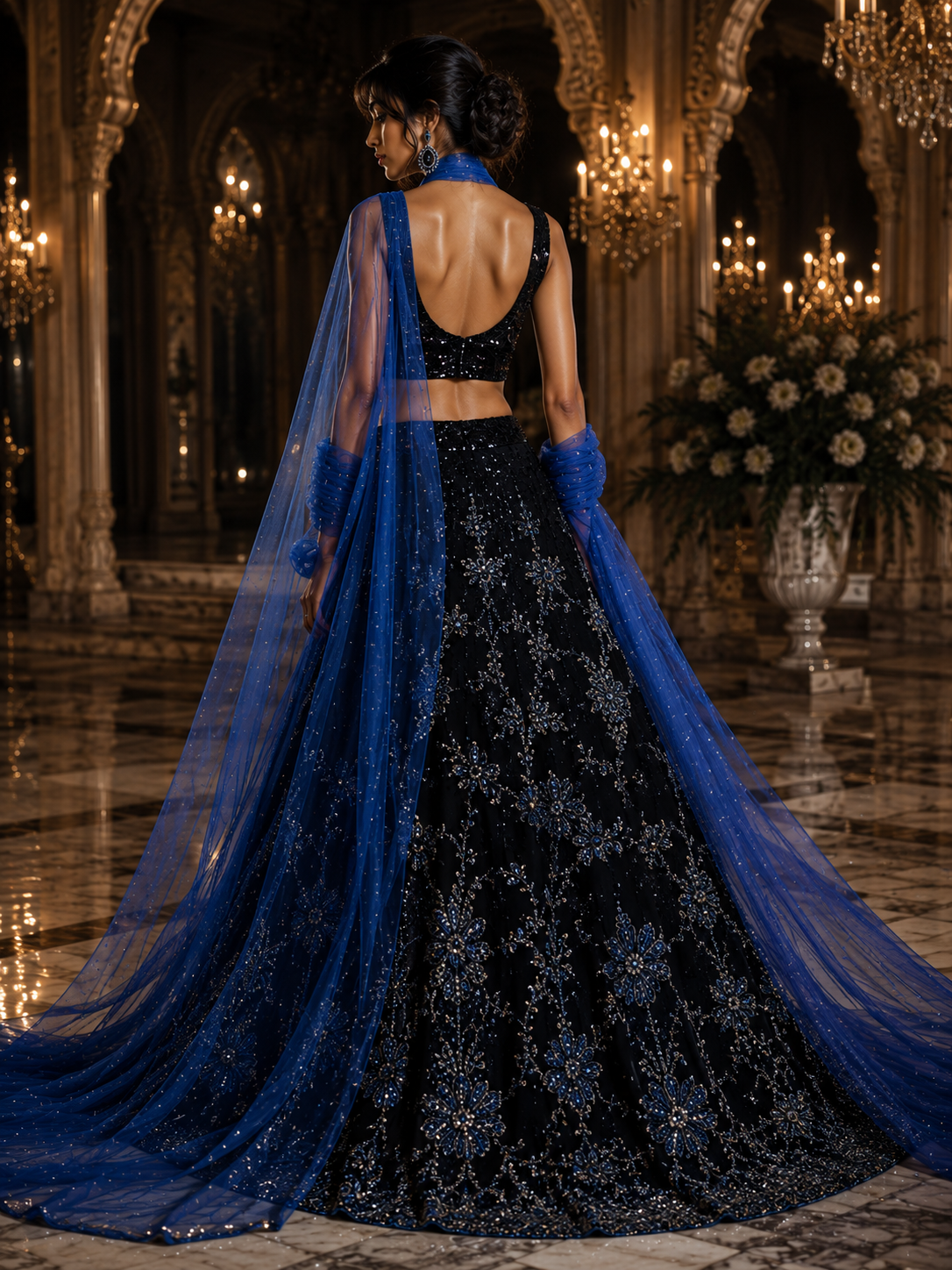 Back view of black embroidered couture ensemble with sheer sapphire dupatta from Sapphire Nocturne by Alia Qureshi Atelier