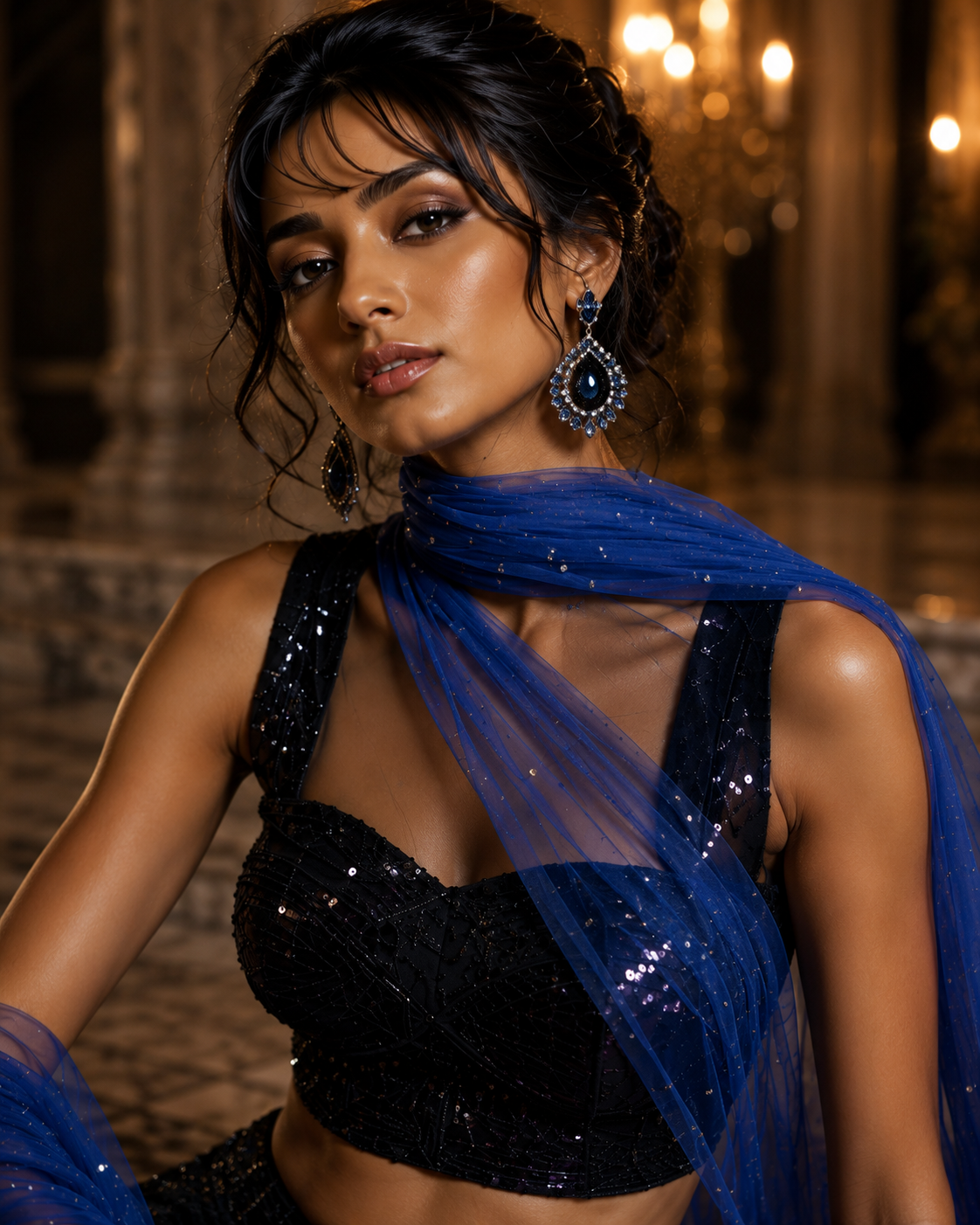 Close-up of sapphire floral embroidery, crystals and sequins from Sapphire Nocturne by Alia Qureshi Atelier