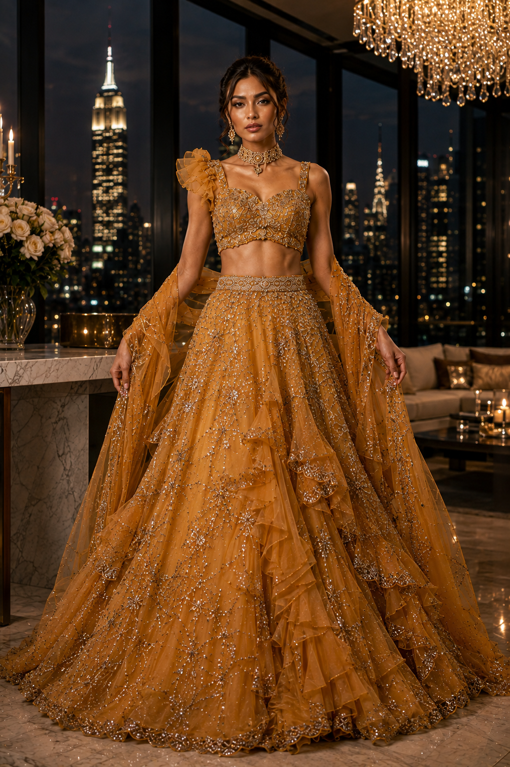 Gold embellished sculptural couture ensemble from Aureate Reverie by Alia Qureshi Atelier