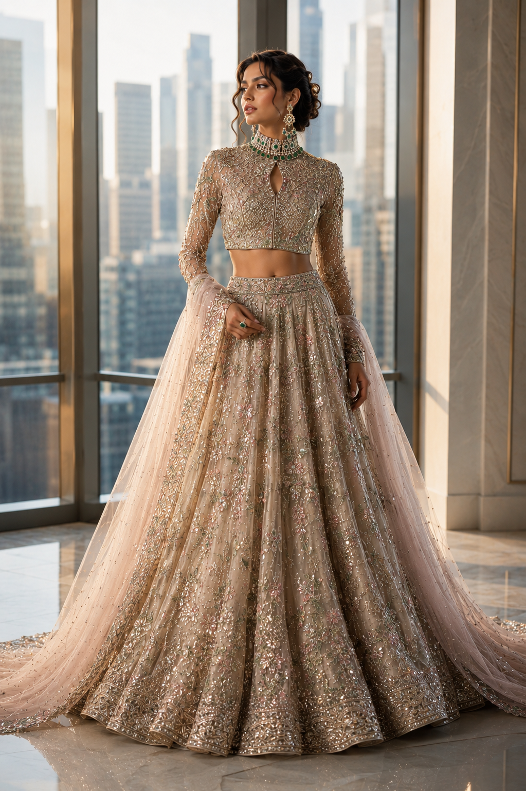 Blush pink flowing couture ensemble from Blush Reverie by Alia Qureshi Atelier