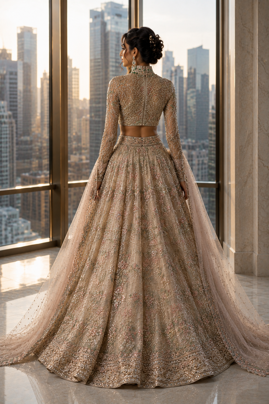 Back view of blush embroidered couture ensemble with translucent tulle from Blush Reverie by Alia Qureshi Atelier