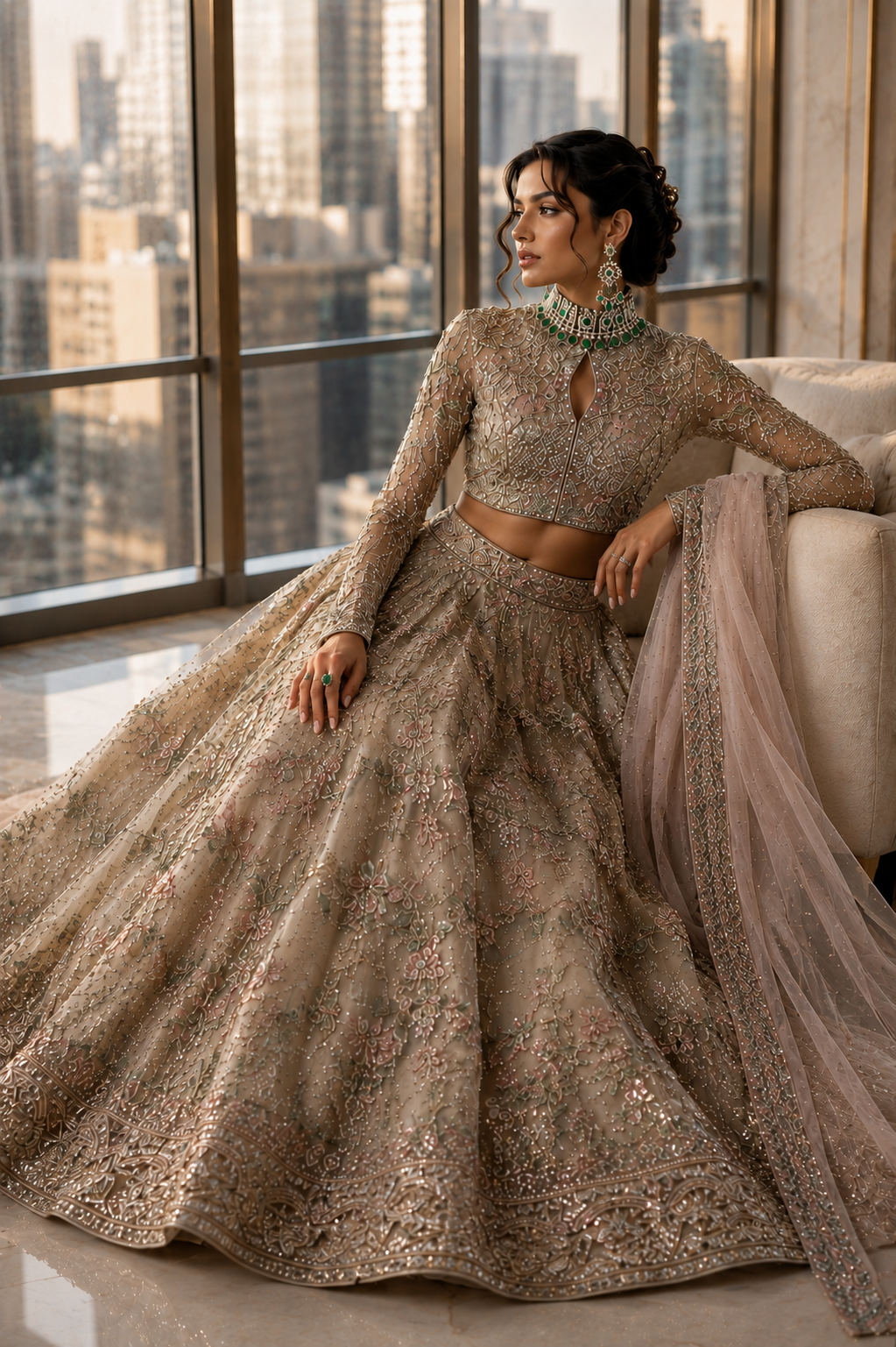 Seated view of blush and champagne embroidered couture ensemble from Blush Reverie by Alia Qureshi Atelier