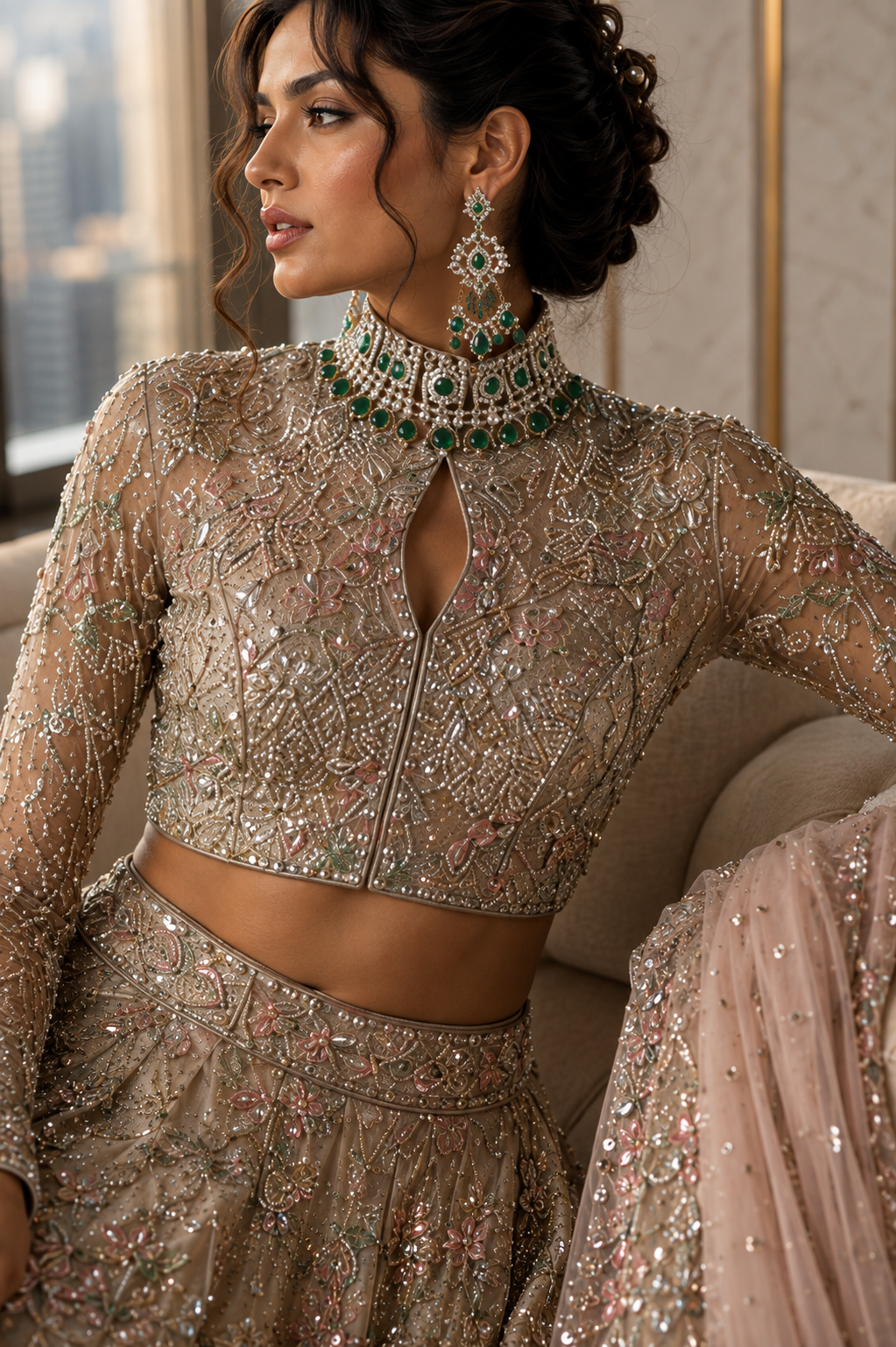 Close-up of crystal, sequin and dimensional floral embroidery from Blush Reverie by Alia Qureshi Atelier