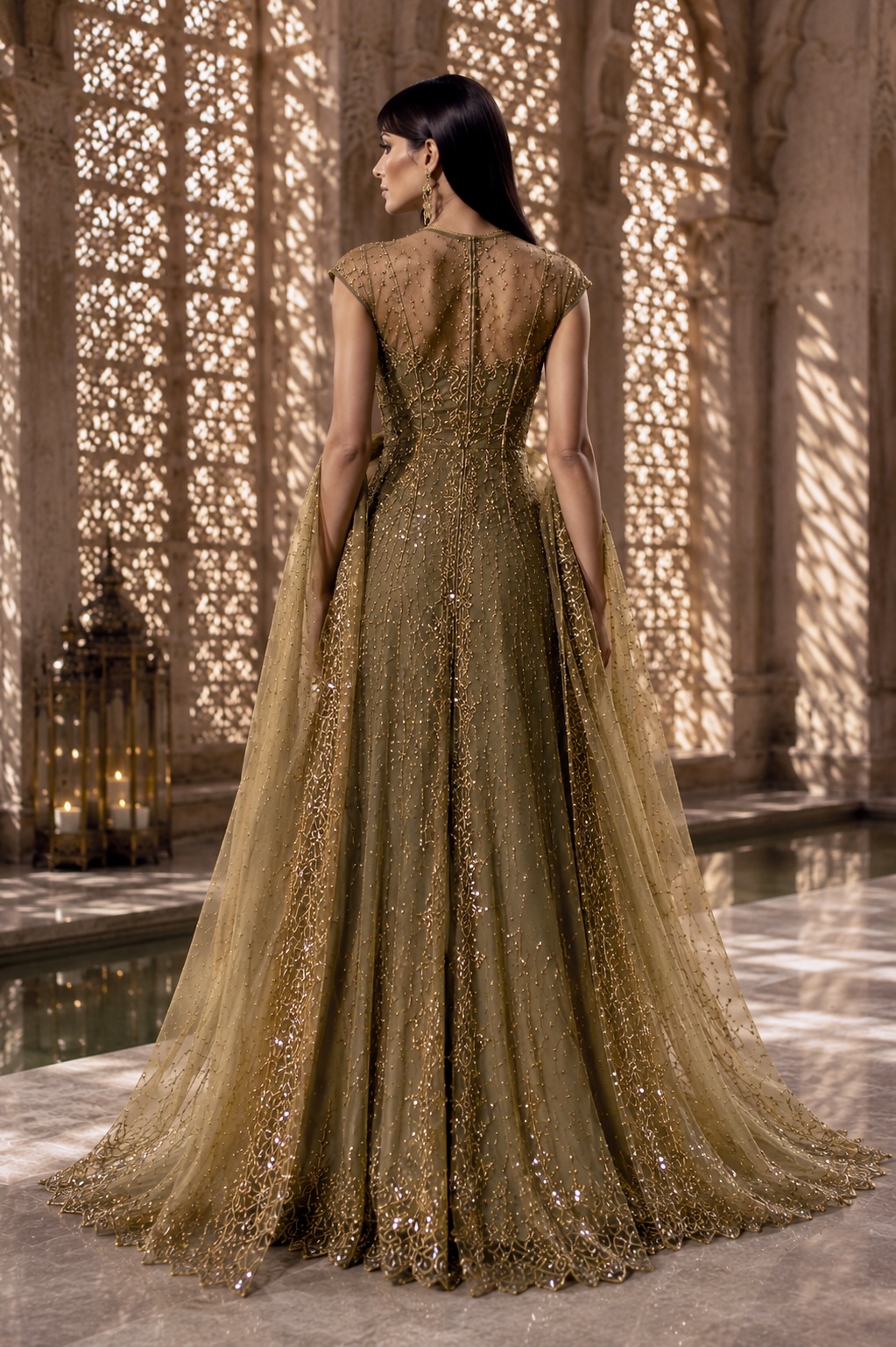 Back view of olive couture ensemble with translucent embellished overlay from Olive Nocturne by Alia Qureshi Atelier