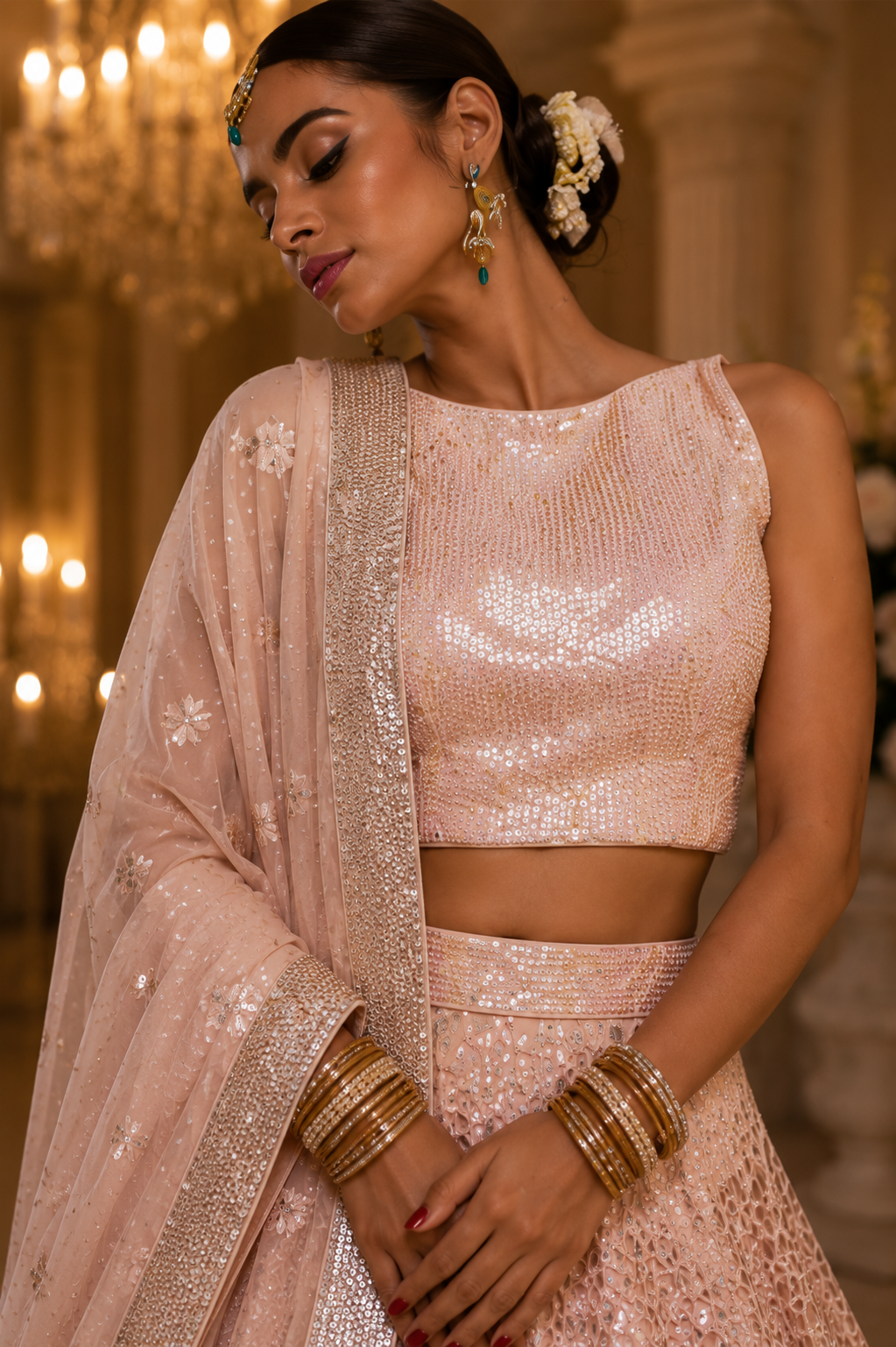 Close-up of floral embroidery, sequins and tonal embellishment from Moonlit Blush by Alia Qureshi Atelier