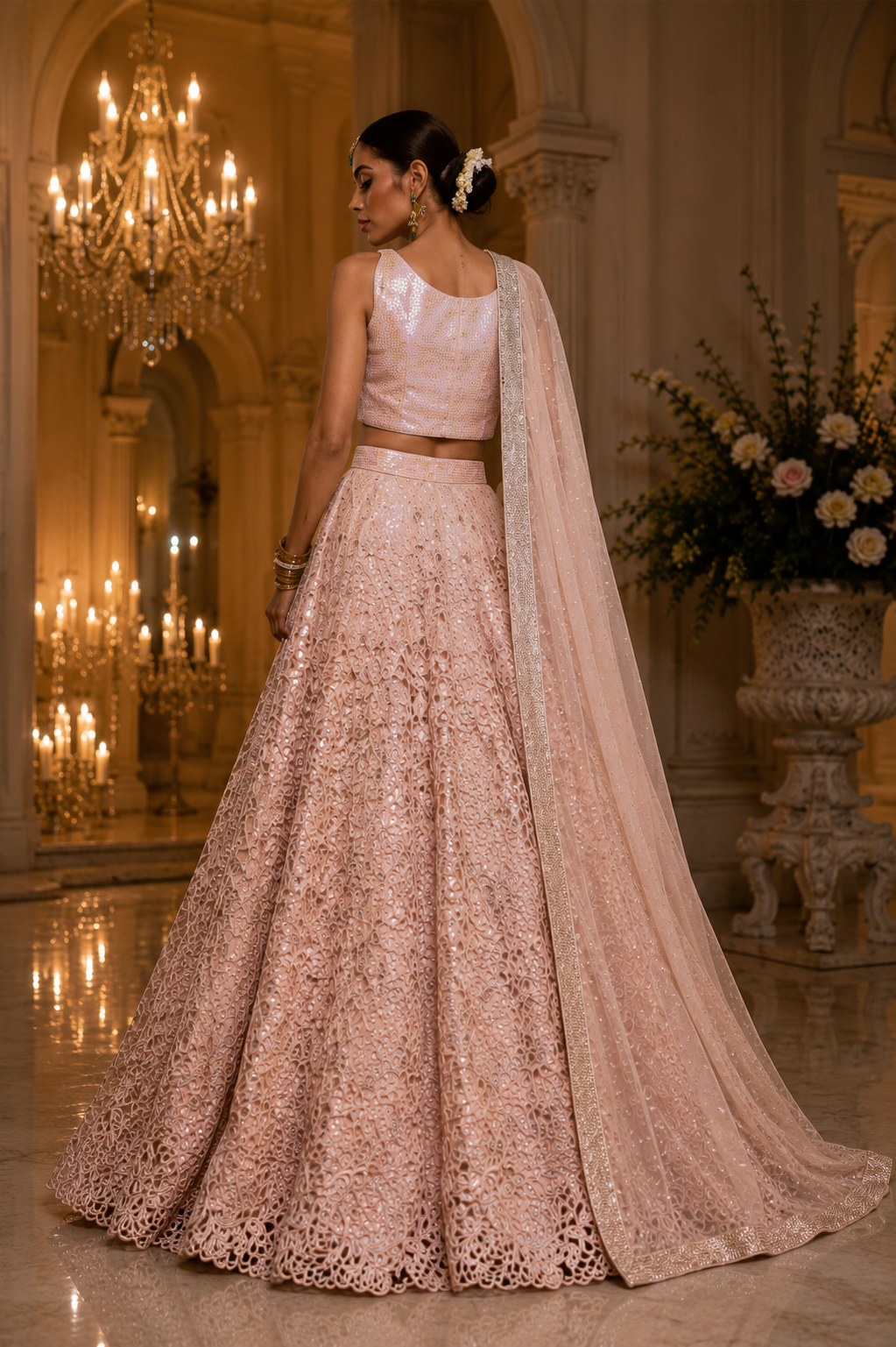 Back view of blush embroidered bridal lehenga with sheer dupatta from Moonlit Blush by Alia Qureshi Atelier