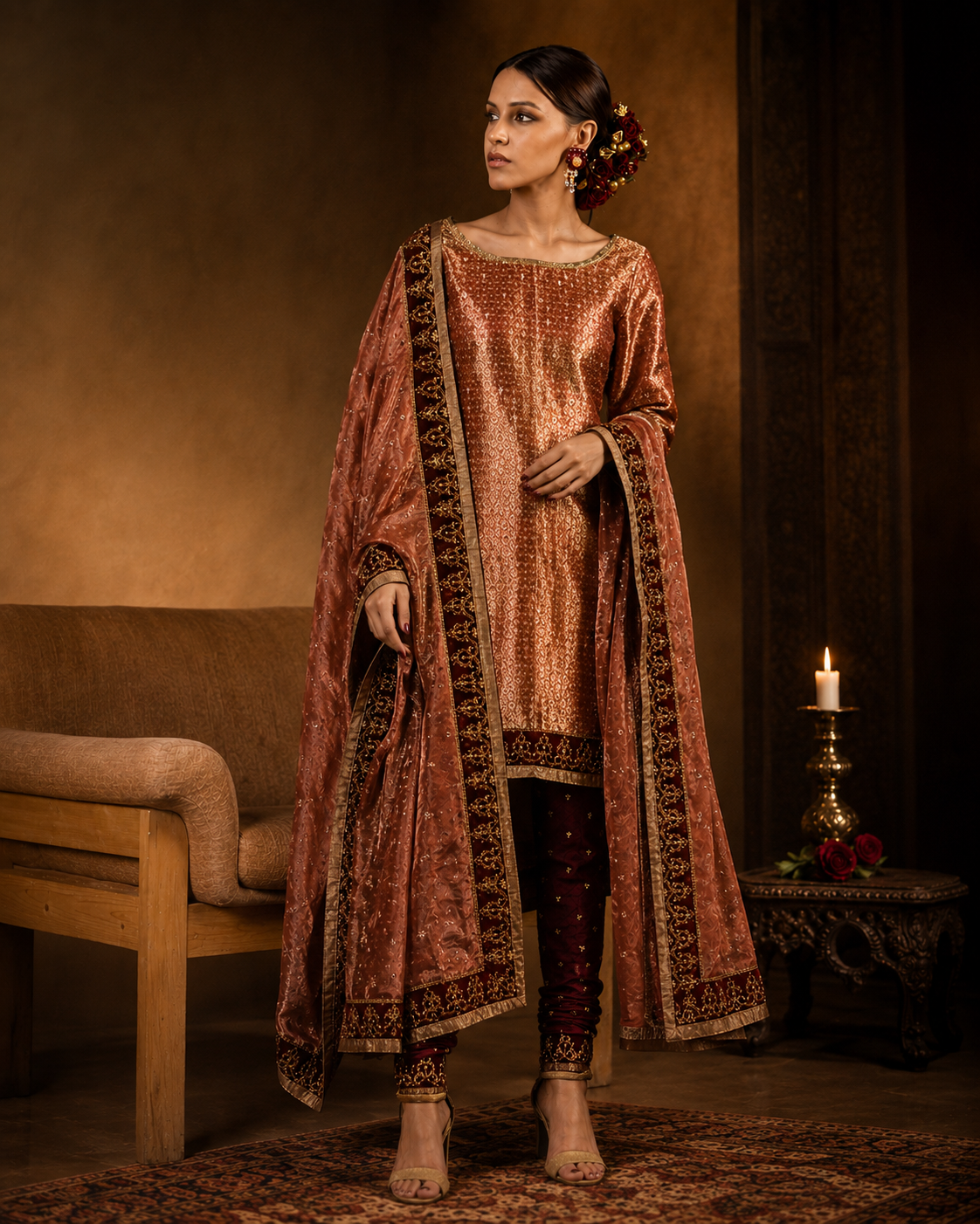 Front view of burnished copper and antique gold embroidered couture ensemble from Burnished Rose by Alia Qureshi Atelier
