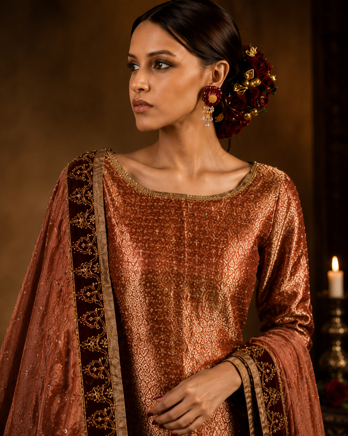 Close-up of antique gold embroidery and burgundy velvet detailing from Burnished Rose by Alia Qureshi Atelier