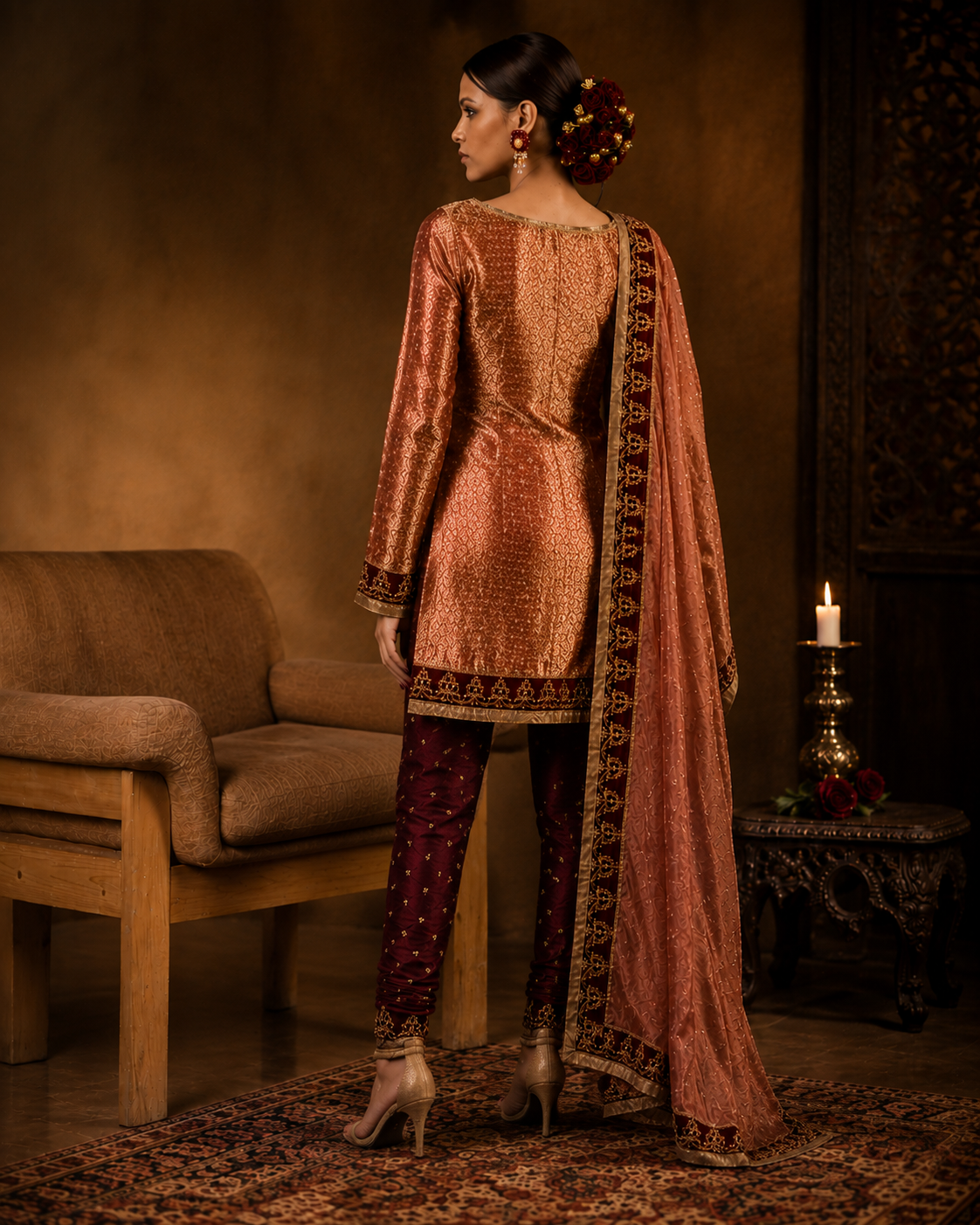 Back view of burnished copper couture ensemble with embellished dupatta from Burnished Rose by Alia Qureshi Atelier