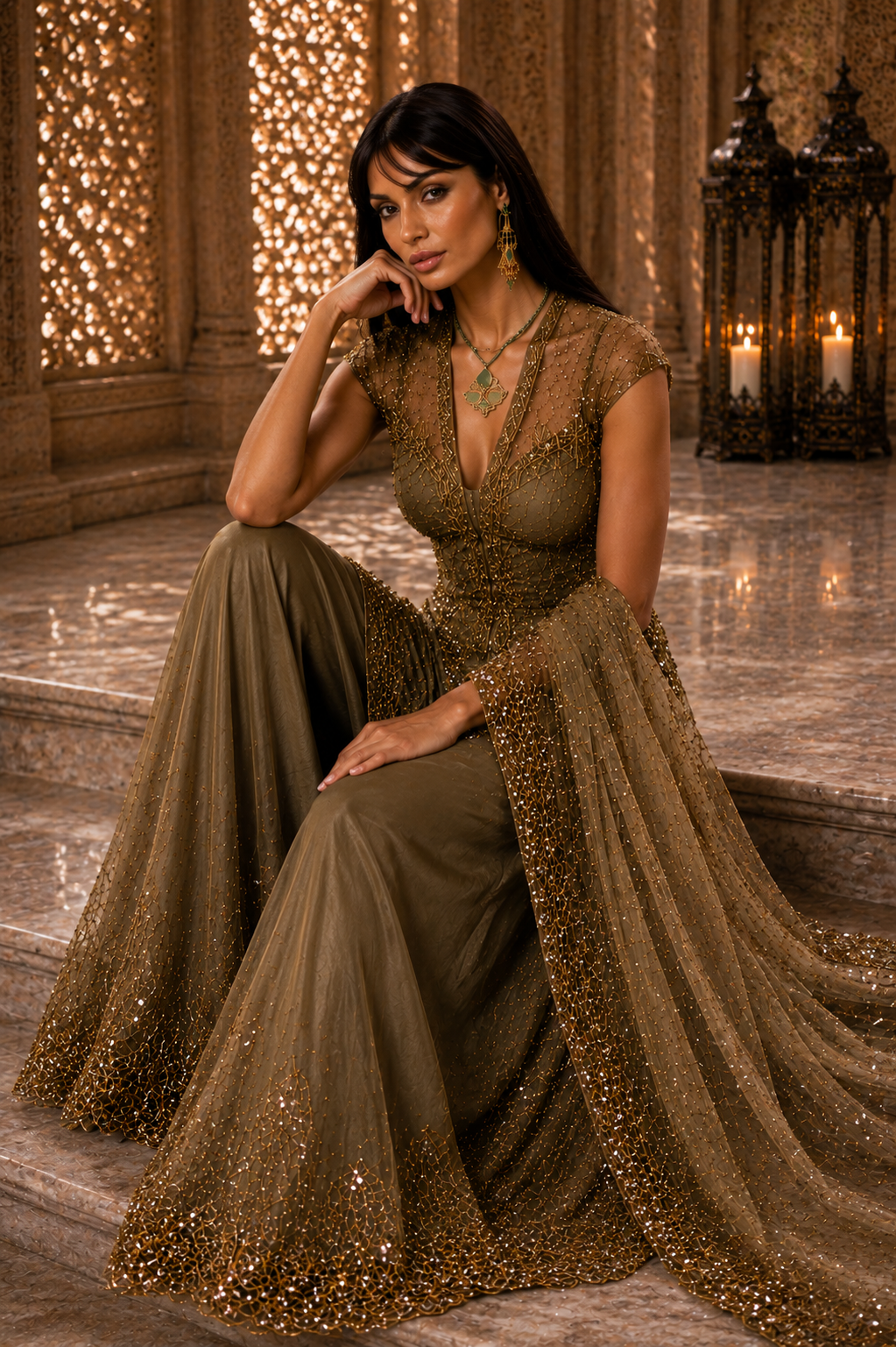 Seated view of olive and antique gold embellished couture ensemble from Olive Nocturne by Alia Qureshi Atelier