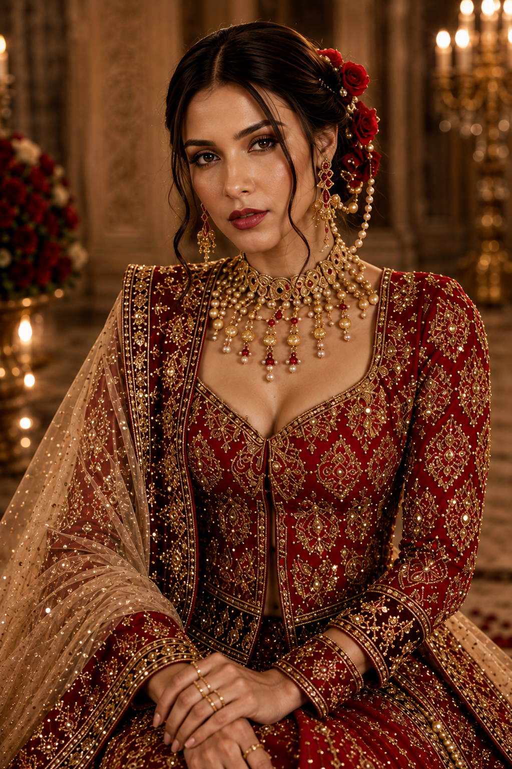 Crimson Dynasty couture portrait featuring intricate embroidery and traditional jewelry by Alia Qureshi Atelier