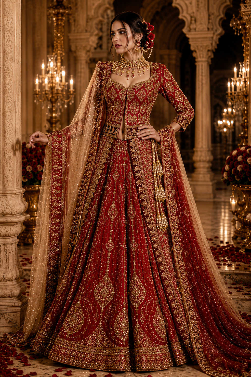 Full-length Crimson Dynasty couture look with intricate gold embroidery by Alia Qureshi Atelier