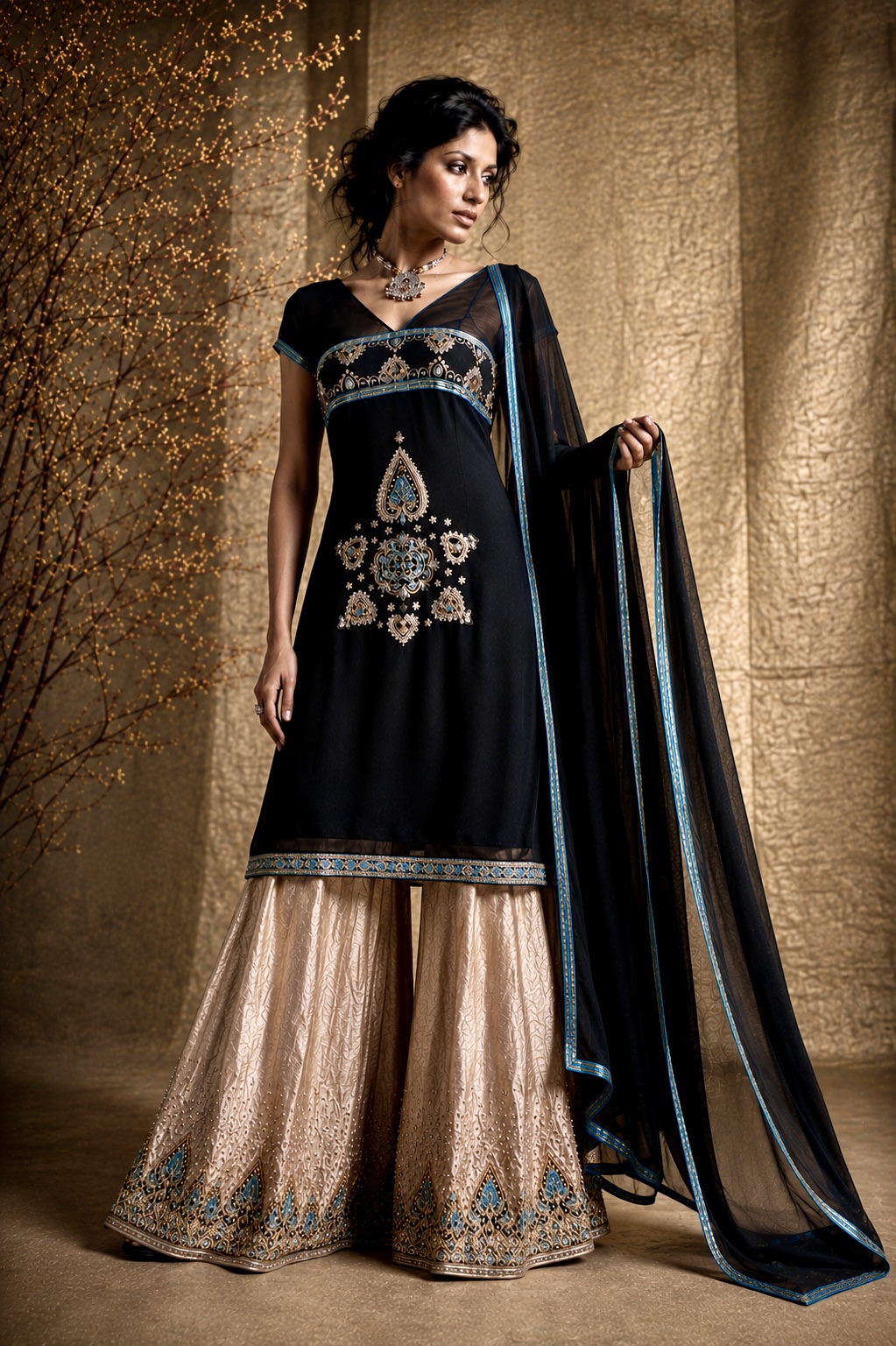 Black couture ensemble with gold and turquoise embellishment from Gilded Nocturne by Alia Qureshi Atelier