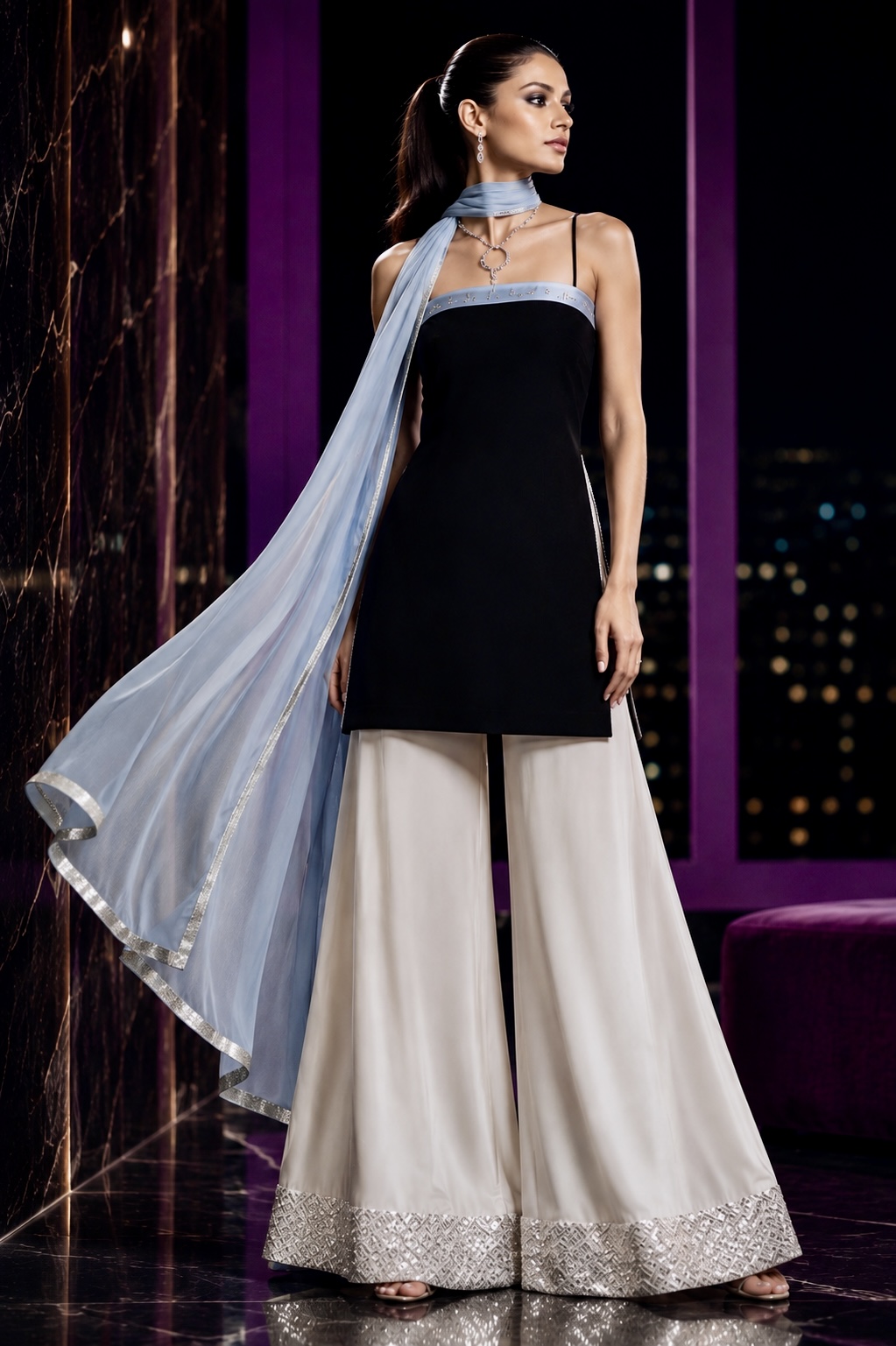 Icy blue and black couture ensemble with fluid draping from Pale Horizon by Alia Qureshi Atelier