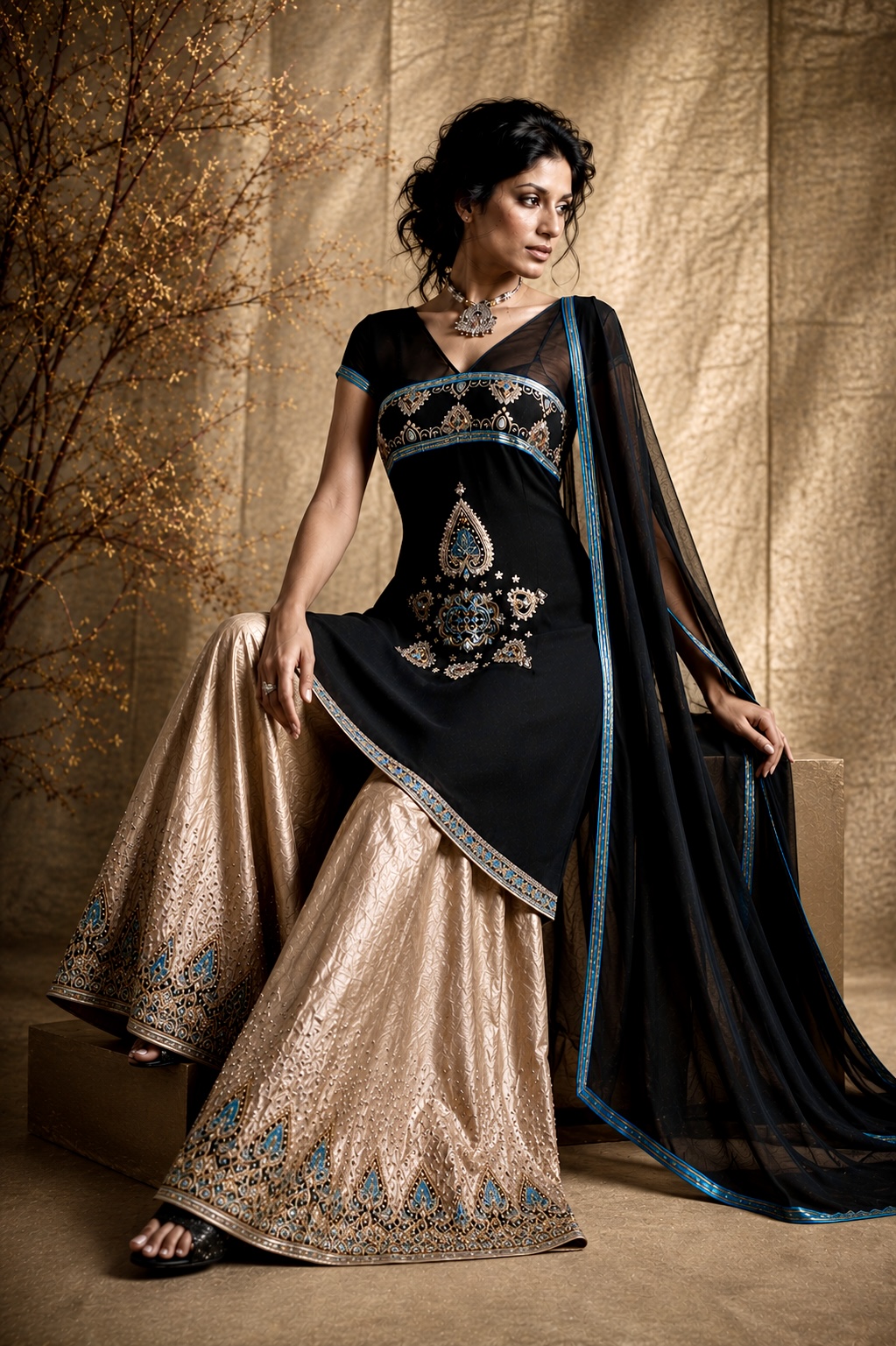 Seated view
Seated view of black and champagne gold couture ensemble from Gilded Nocturne by Alia Qureshi Atelier