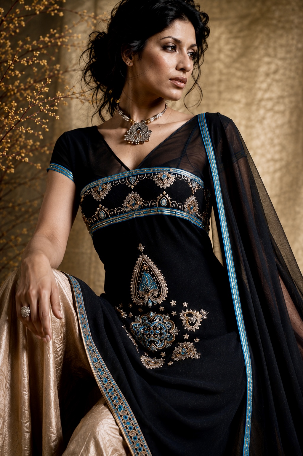 Close-up of antique gold embroidery and turquoise accents from Gilded Nocturne by Alia Qureshi Atelier