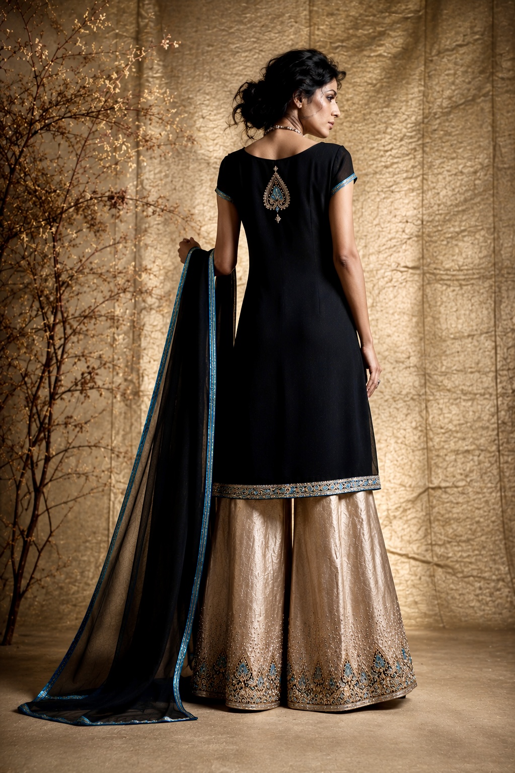 Back view of black embroidered couture ensemble with sheer dupatta from Gilded Nocturne by Alia Qureshi Atelier