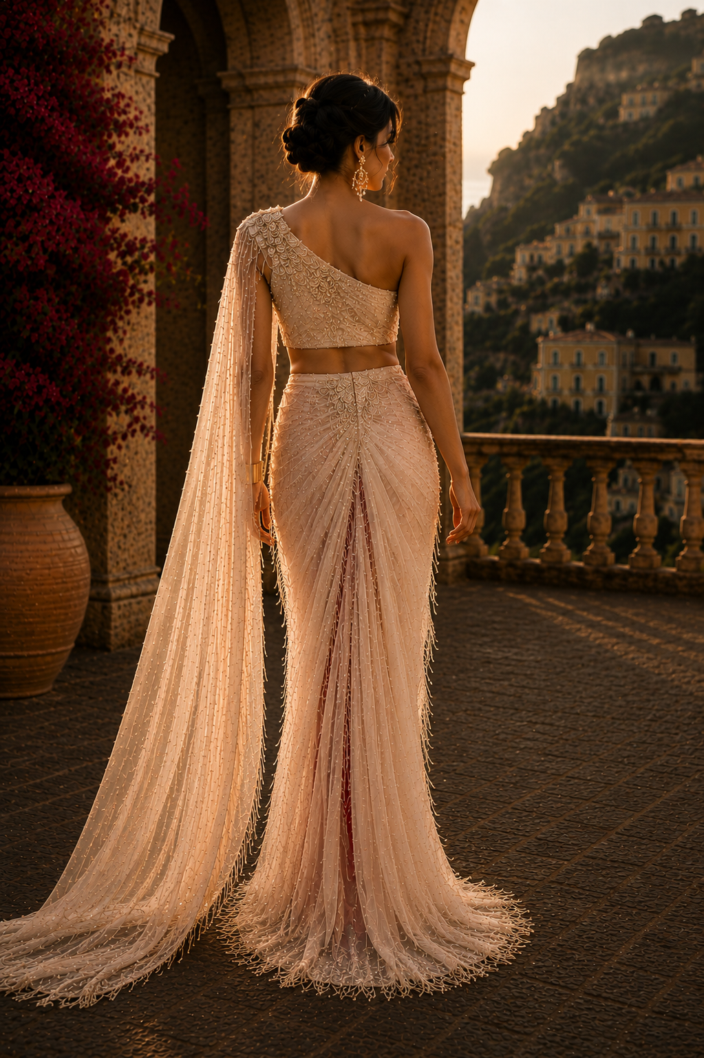 Back view of blush embellished couture ensemble from Crimson Whisper by Alia Qureshi Atelier