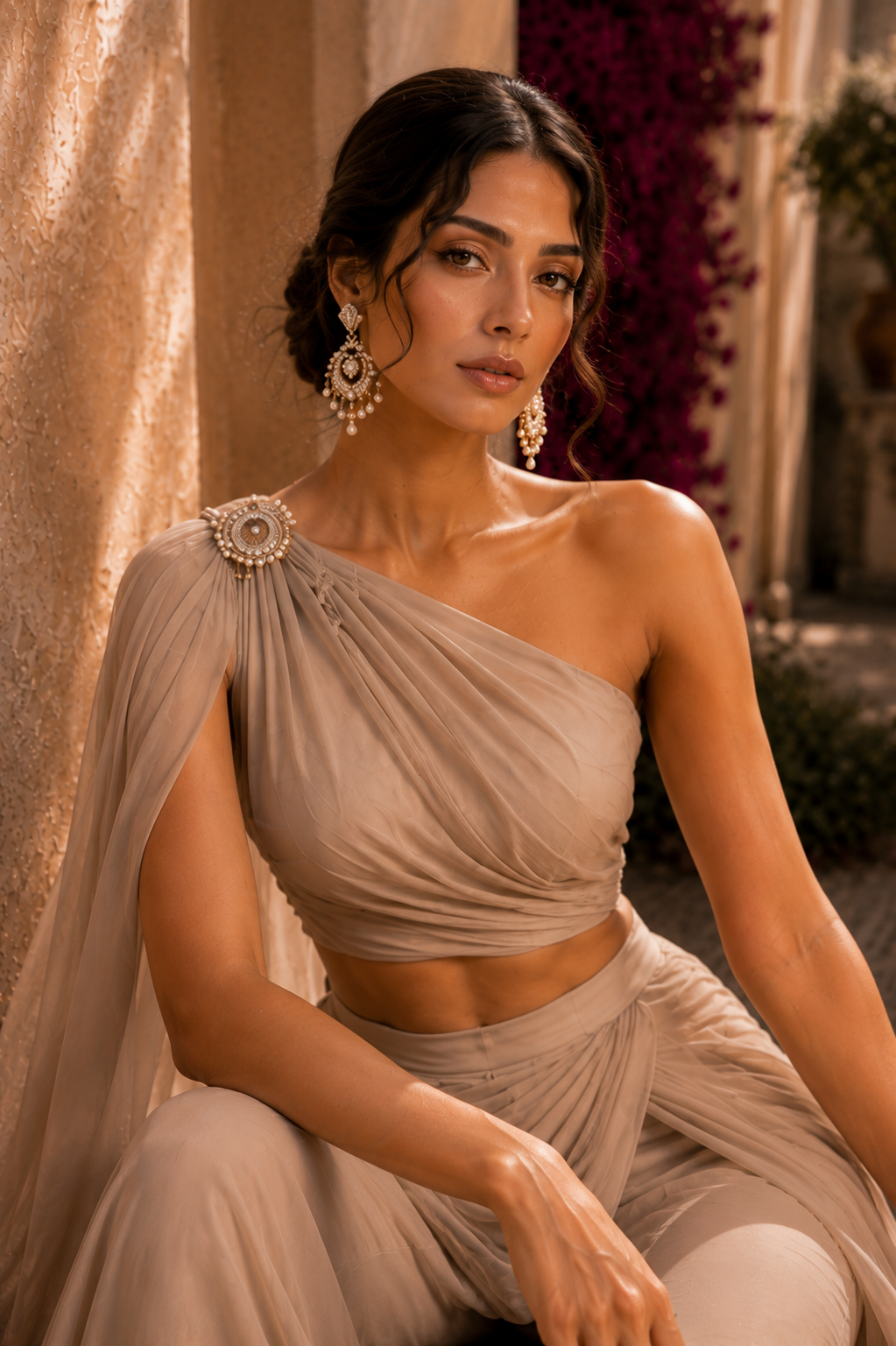 Close-up of jeweled shoulder detail and sculptural draping from Sculpted Serenity by Alia Qureshi Atelier