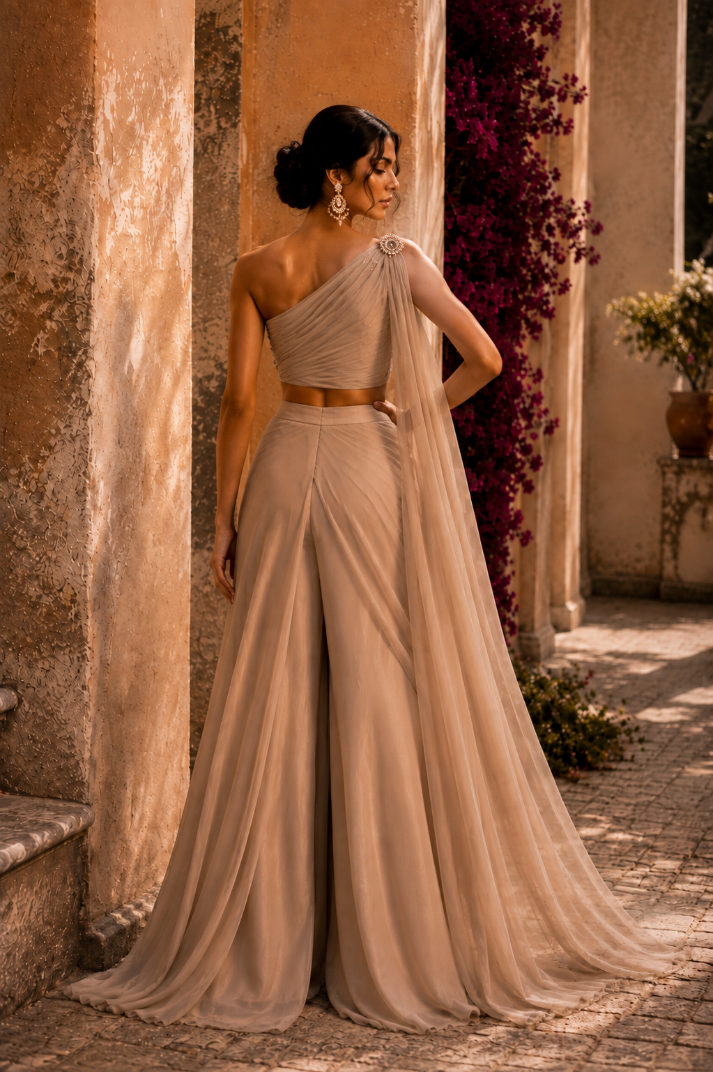 Back view of one-shoulder couture ensemble with cascading silk chiffon draping from Sculpted Serenity by Alia Qureshi Atelier