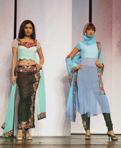 Two models wearing blue designs from an early Alia Qureshi runway collection