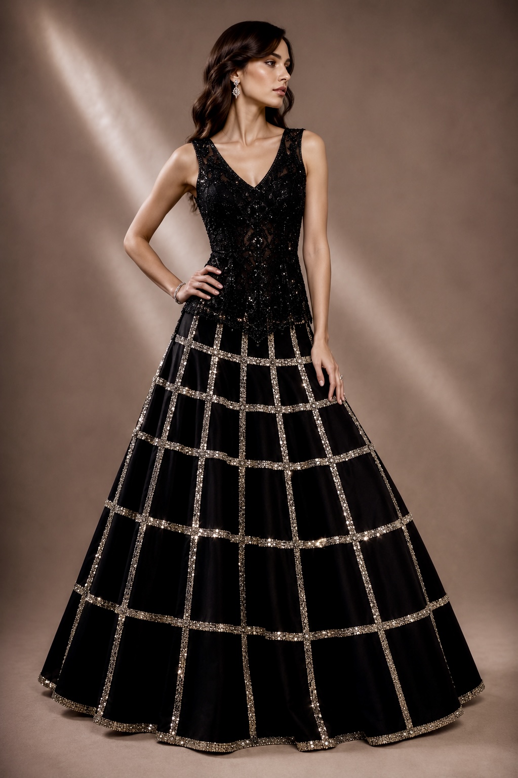 Black couture silhouette with geometric crystal embellishment from Quadratura by Alia Qureshi Atelier