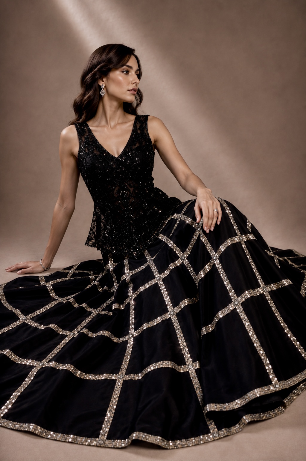 Seated view of black crystal embellished couture gown from Quadratura by Alia Qureshi Atelier