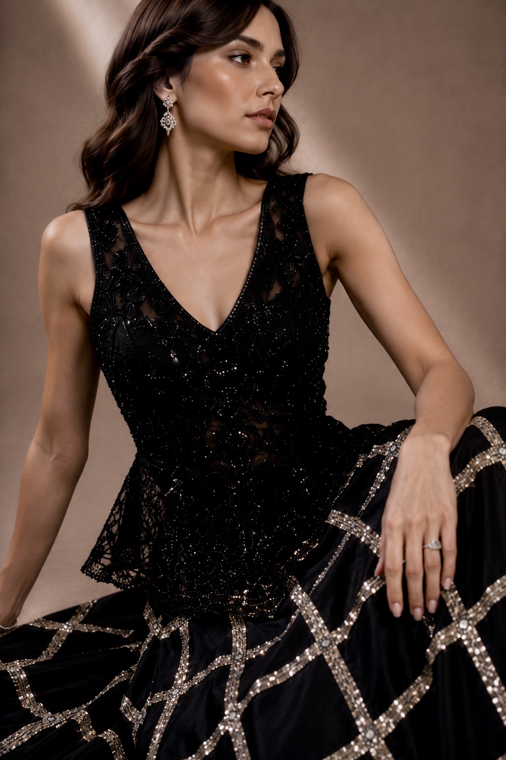 Close-up of tonal embroidery, sequins and geometric crystal embellishment from Quadratura by Alia Qureshi Atelier