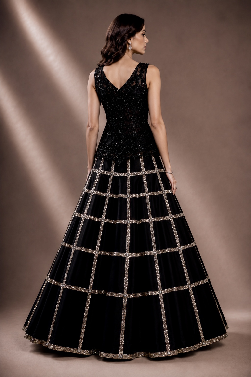 Back view of black couture gown with geometric crystal grid from Quadratura by Alia Qureshi Atelier