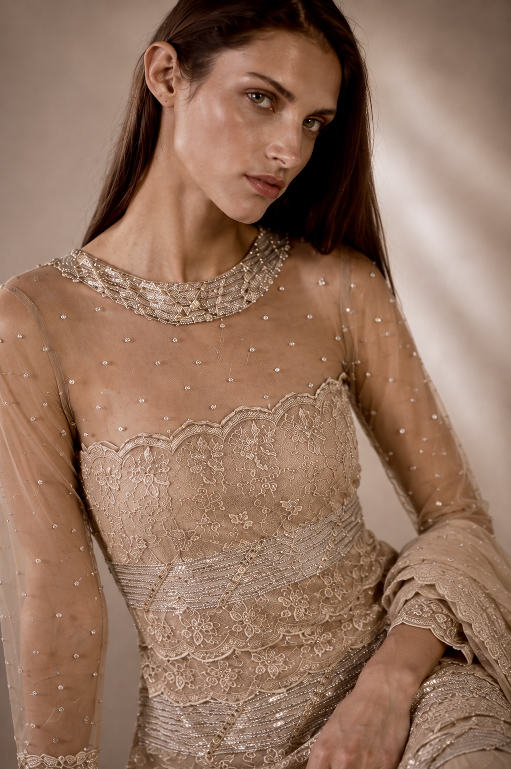 Close-up of scalloped embroidery, metallic bands and crystal embellishment from Éclat Sculpté by Alia Qureshi Atelier