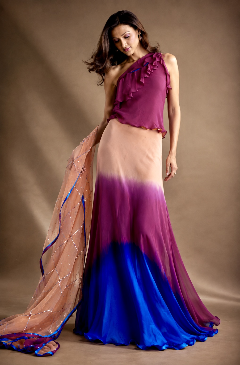 Blush, magenta and cobalt draped couture ensemble from Chromatic Veil by Alia Qureshi Atelier