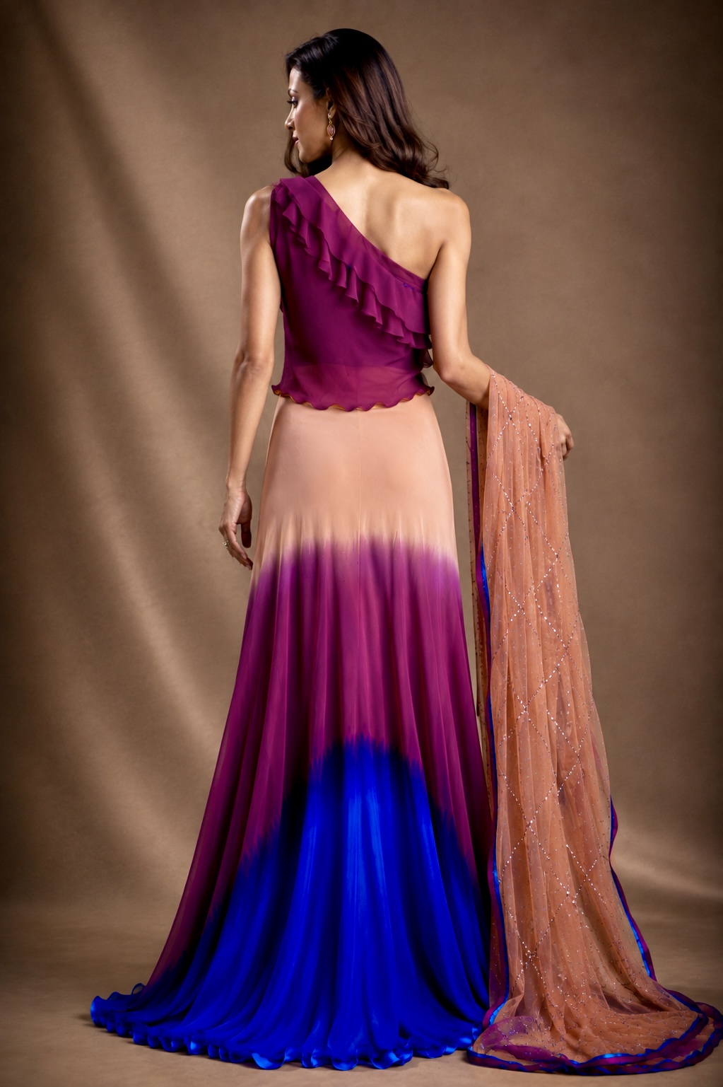 Back view of ombré couture ensemble with sheer blush dupatta from Chromatic Veil by Alia Qureshi Atelier