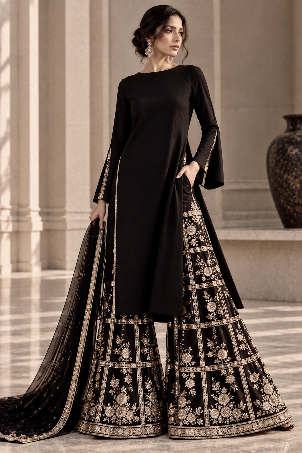 Black couture silhouette with antique gold embroidery from Ombre d’Or by Alia Qureshi Atelier