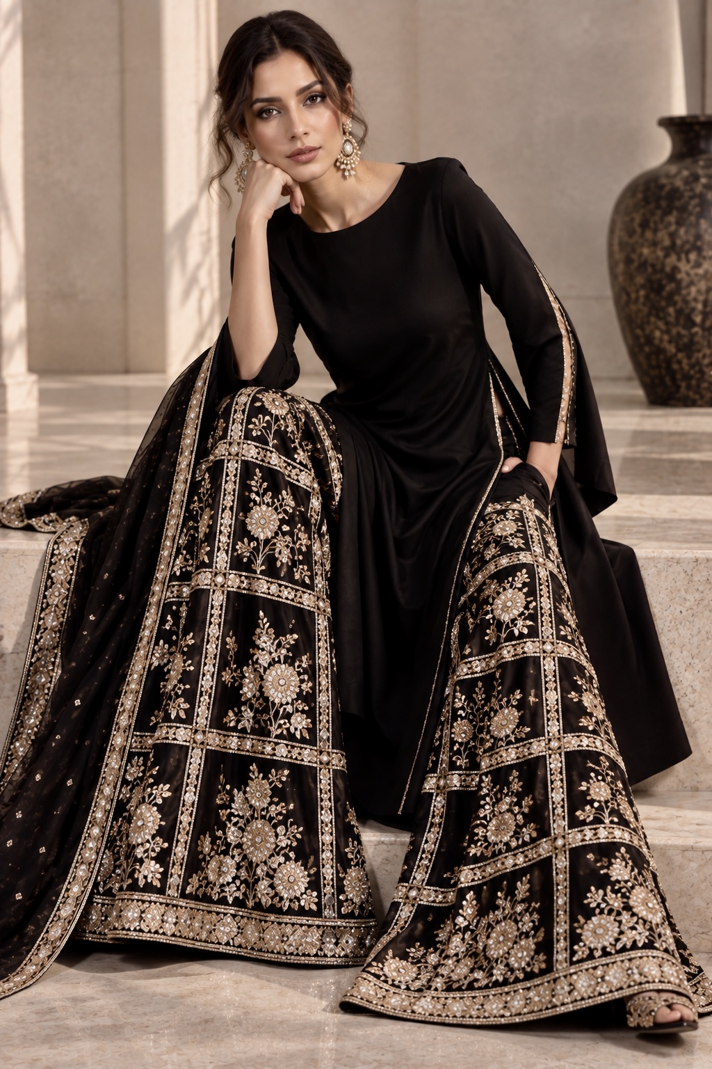 Seated view of black and antique gold embroidered couture ensemble from Ombre d’Or by Alia Qureshi Atelier
