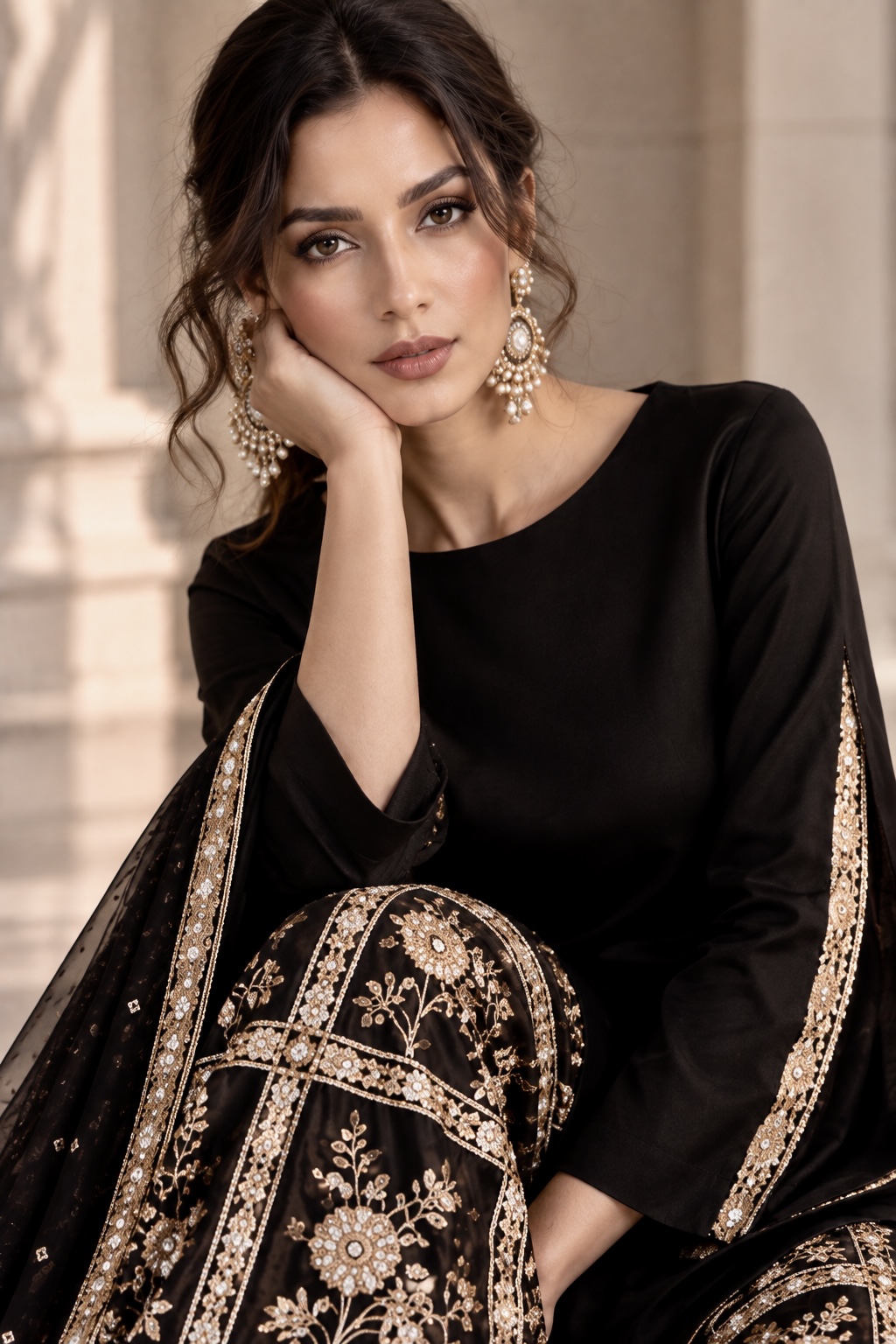Close-up of antique gold floral embroidery on black couture from Ombre d’Or by Alia Qureshi Atelier