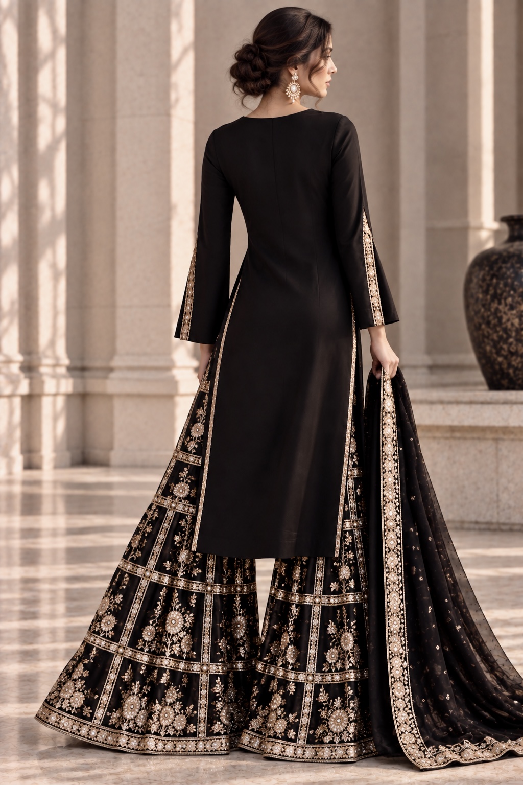 Back view of black couture ensemble with antique gold embroidery and sheer dupatta from Ombre d’Or by Alia Qureshi Atelier