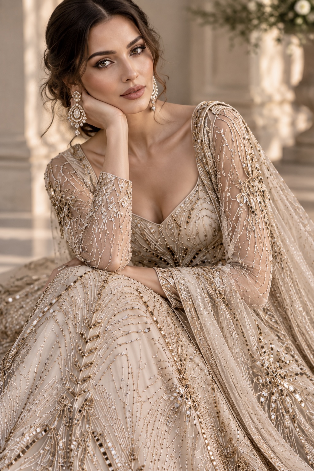 Seated view of ivory and gold embroidered bridal lehenga from Aurelis by Alia Qureshi Atelier