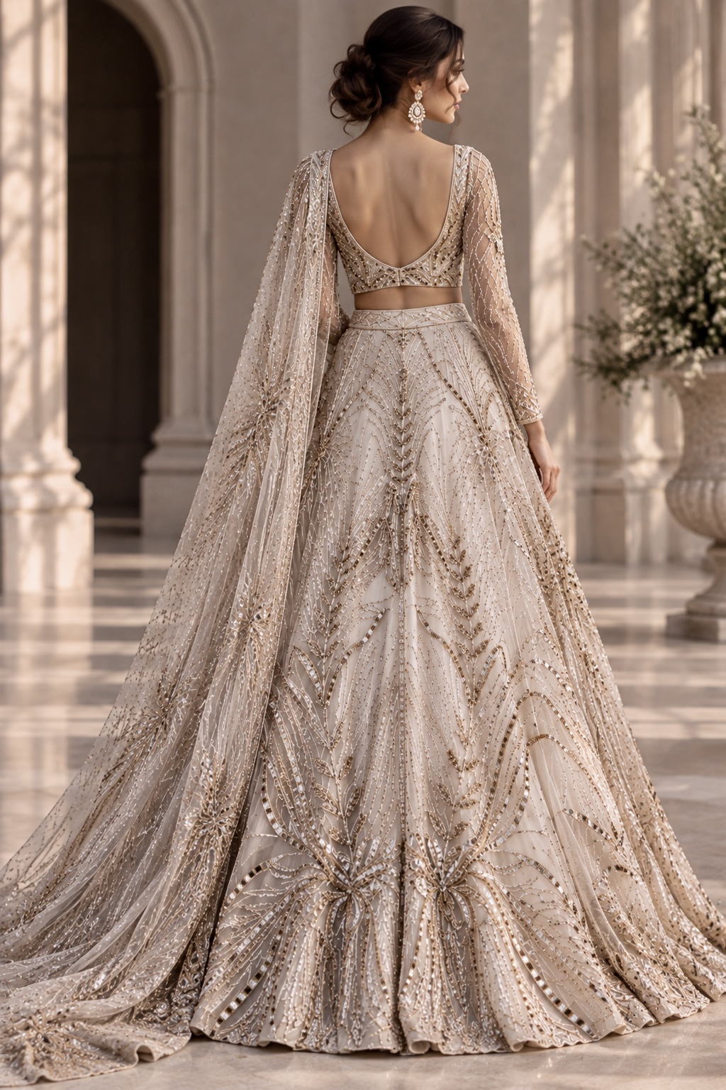 Back view of ivory and gold embroidered bridal lehenga from Aurelis by Alia Qureshi Atelier