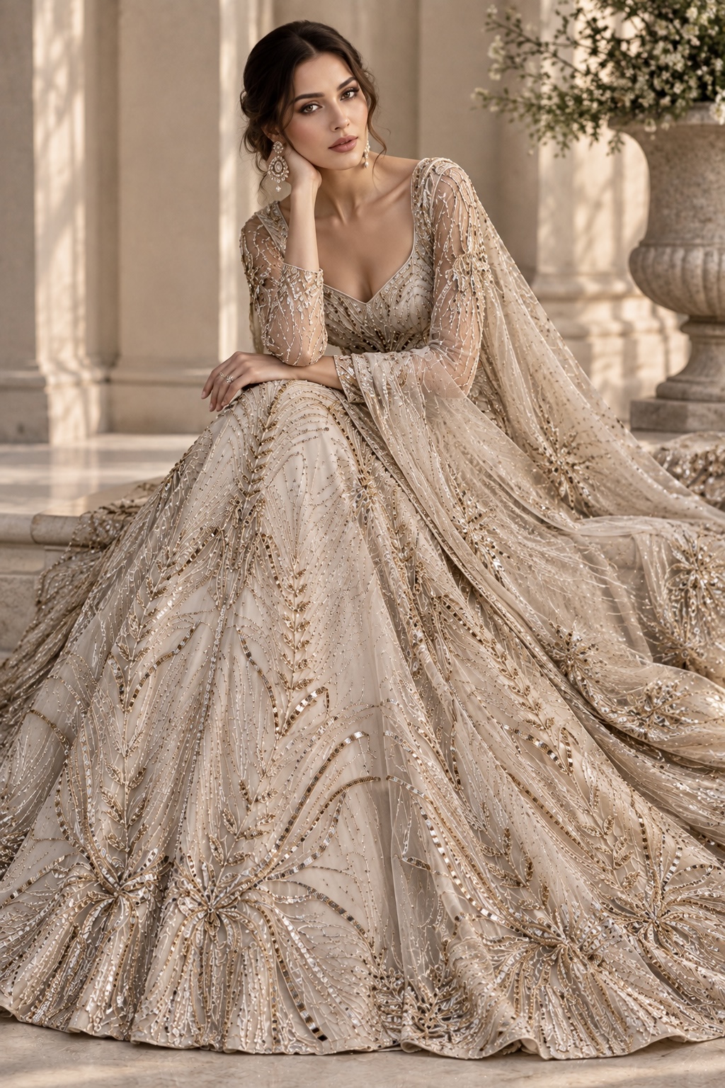 Close-up of gold embroidery, sequins and crystal embellishment lenhenga Aurelis by Alia Qureshi Atelier