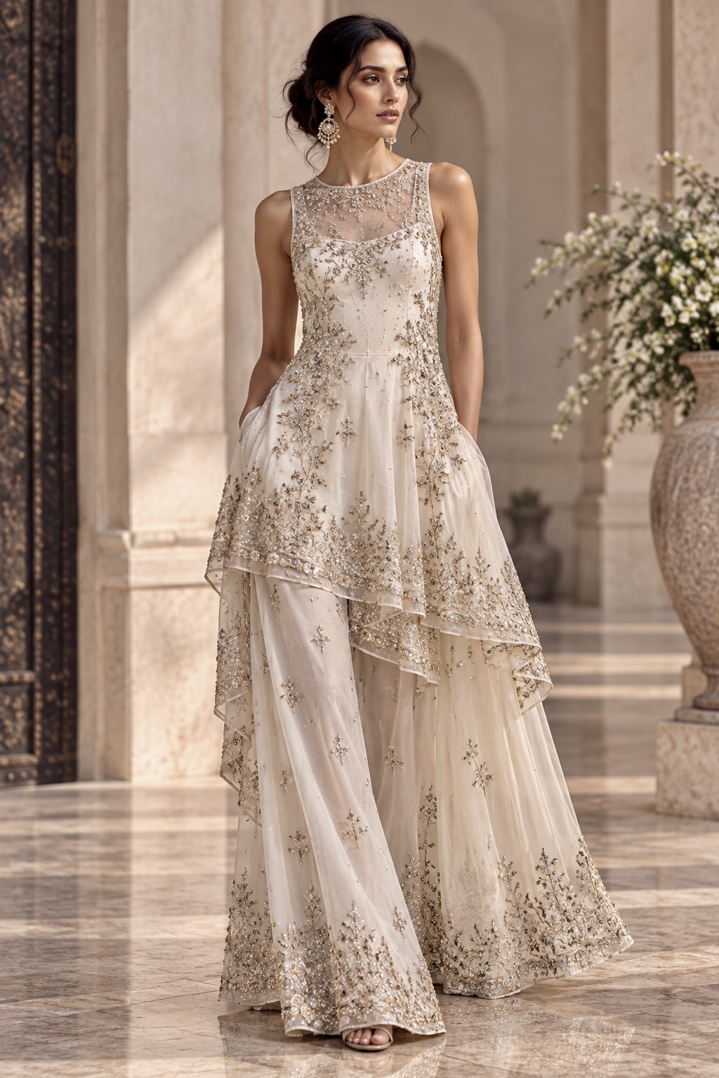 Ivory layered couture ensemble with antique gold embroidery from Aurelle by Alia Qureshi Atelier
