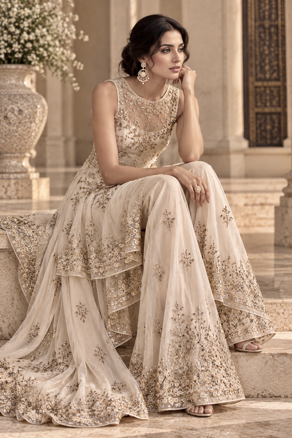 Seated view of ivory and antique gold layered couture ensemble from Aurelle by Alia Qureshi Atelier