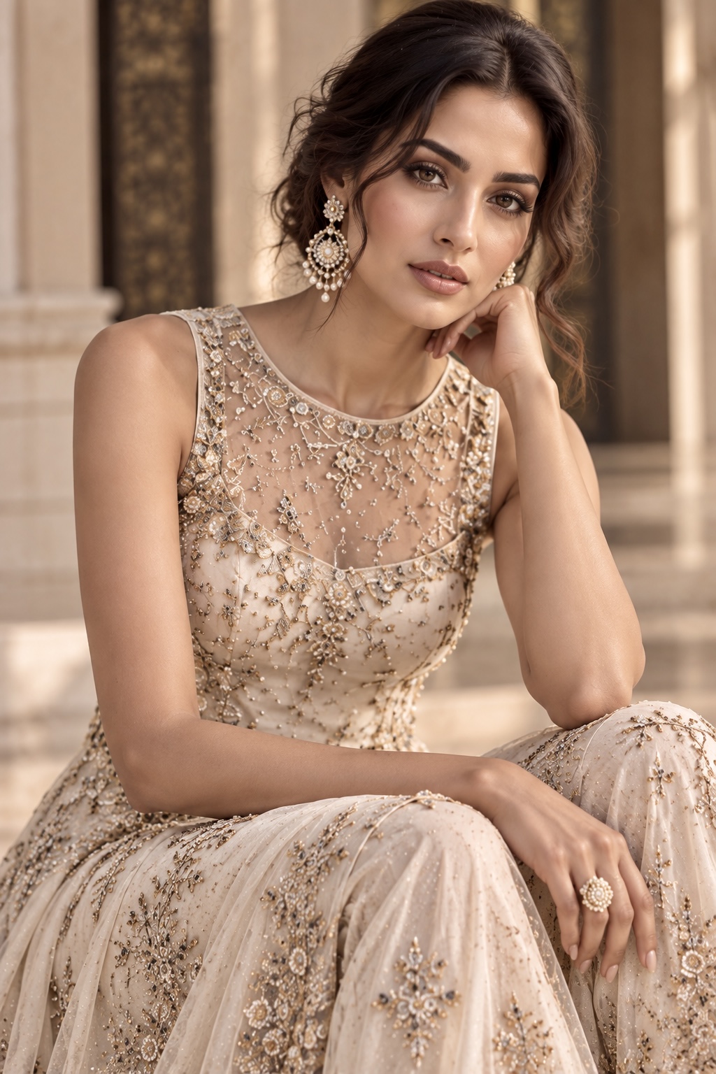 Close-up of antique gold metallic embroidery and embellished borders from Aurelle by Alia Qureshi Atelier