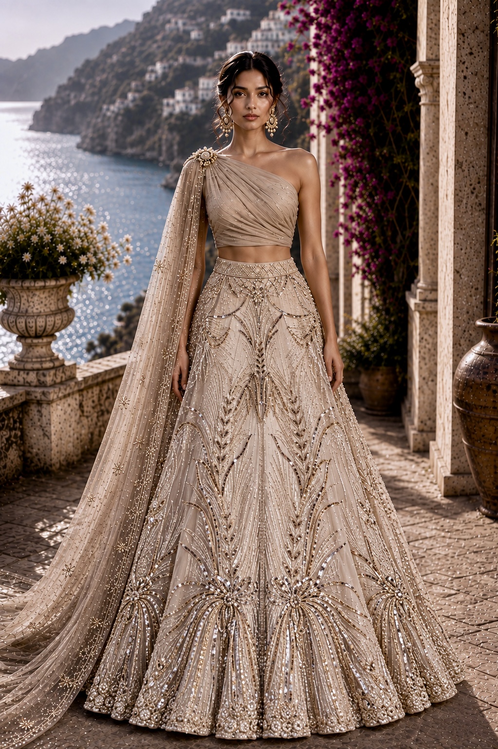 Champagne couture gown with geometric embroidery from Golden Solace by Alia Qureshi Atelier